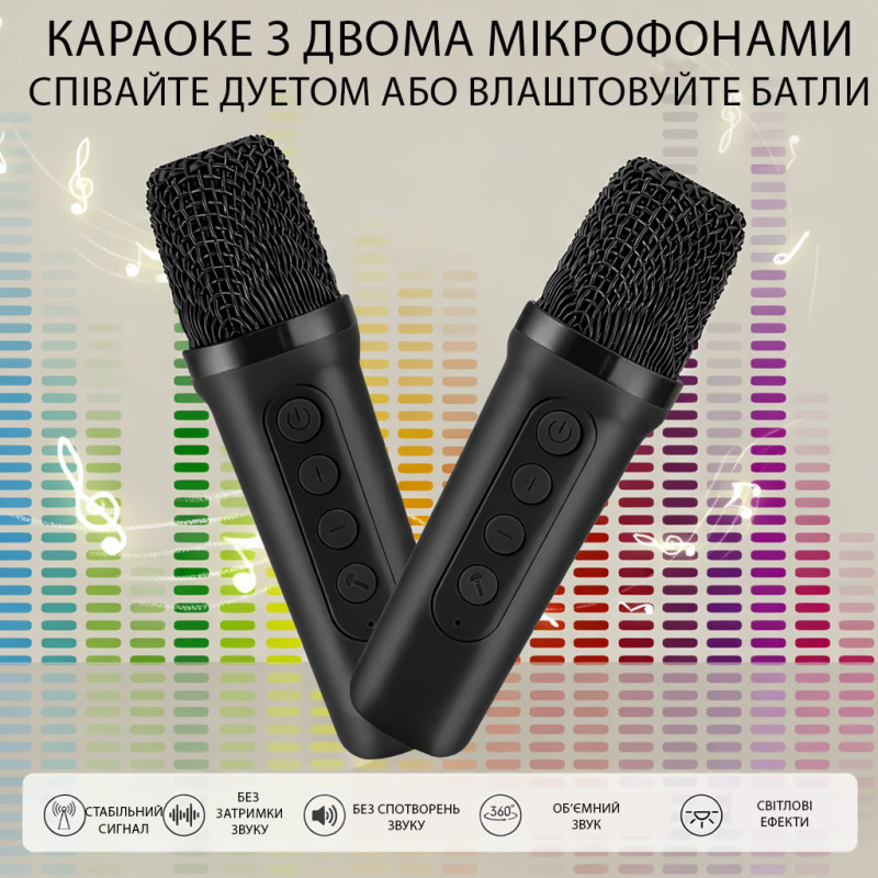 Портативна Bluetooth-колонка K18 з караоке RGB-підсвітка, LED-дисплей, 2 бездротові мікрофони, USB/AUX, вбудований акумулятор Біли фото - 7