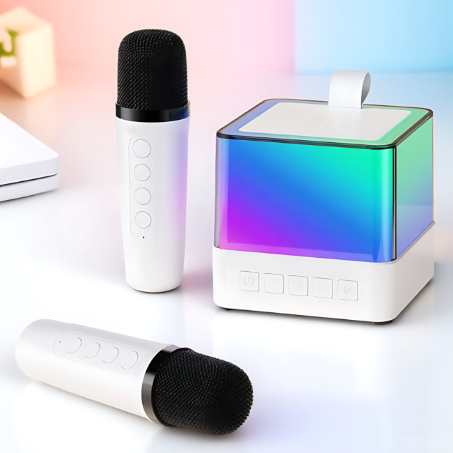 Портативна Bluetooth-колонка K18 з караоке RGB-підсвітка, LED-дисплей, 2 бездротові мікрофони, USB/AUX, вбудований акумулятор Біли