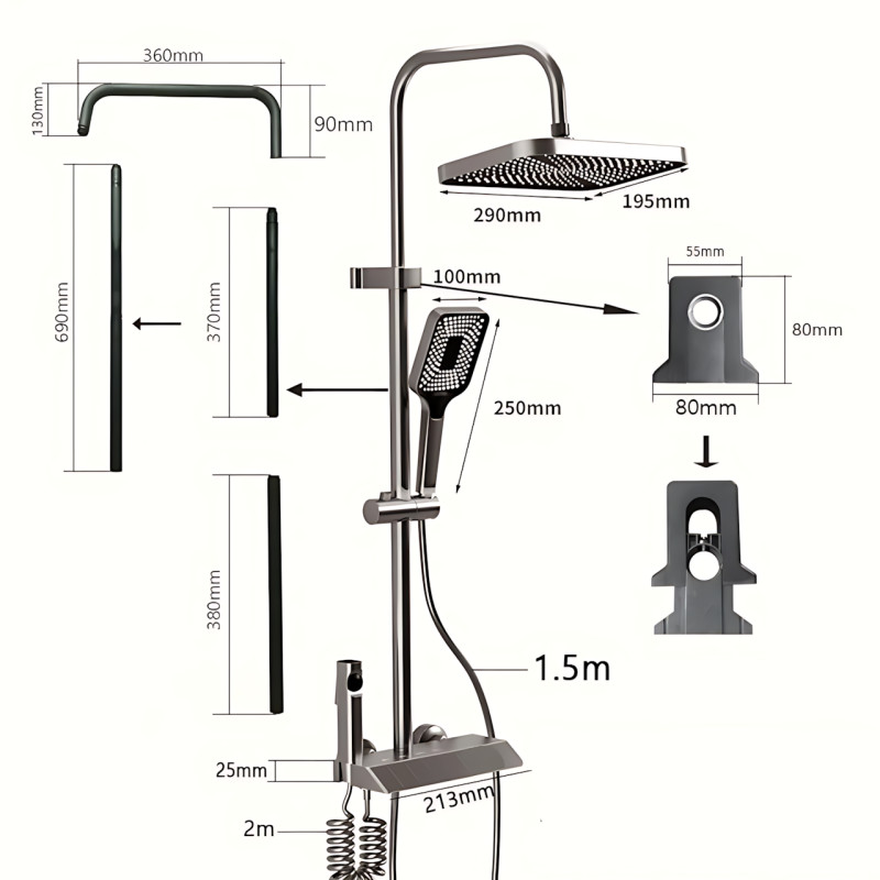 Чорний душовий набір 4 в 1 Black Bathroom Shower Set Piano Keys з тропічним душем і ручною лійкою, чорний фото - 9