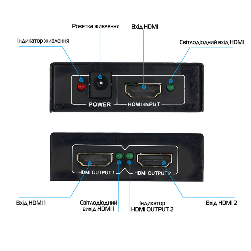 Активний HDMI-розгалужувач на 2 порти UHD, двоспрямований відео сплітер 4К фото - 4