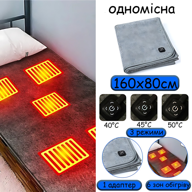 Електроковдра з підігрівом від Power Bank 160×80 см — 3 режими нагрівання, USB, для дому, авто, офісу та відпочинку фото - 3
