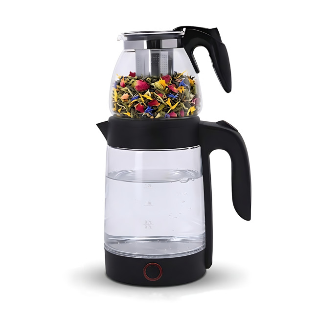 Электрический чайник с заварником 2в1 SMURFETT ST-2233 2,3л + 1л, 2000W, база 360&deg;, нержавеющая сталь + стекло, черный