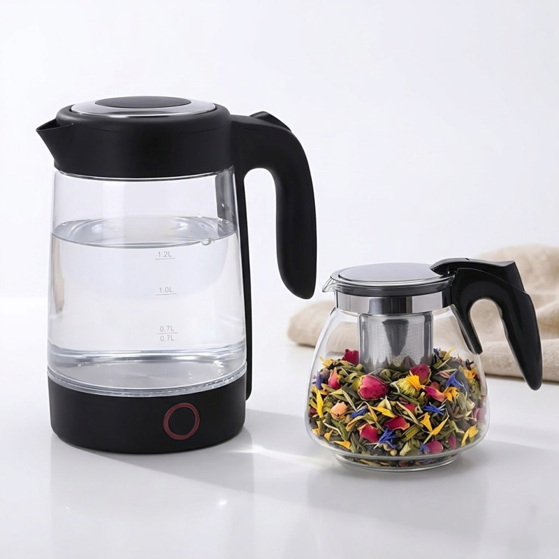 Электрический чайник с заварником 2в1 SMURFETT ST-2233 2,3л + 1л, 2000W, база 360&deg;, нержавеющая сталь + стекло, черный фото - 2