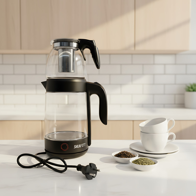 Электрический чайник с заварником 2в1 SMURFETT ST-2233 2,3л + 1л, 2000W, база 360&deg;, нержавеющая сталь + стекло, черный фото - 9
