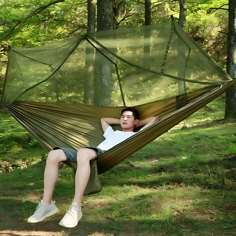 Туристичний гамак із москітною сіткою Hammock With Net ARMY — 250 × 120 см, до 200 кг, з чохлом + кишенею, хаккі фото - 7