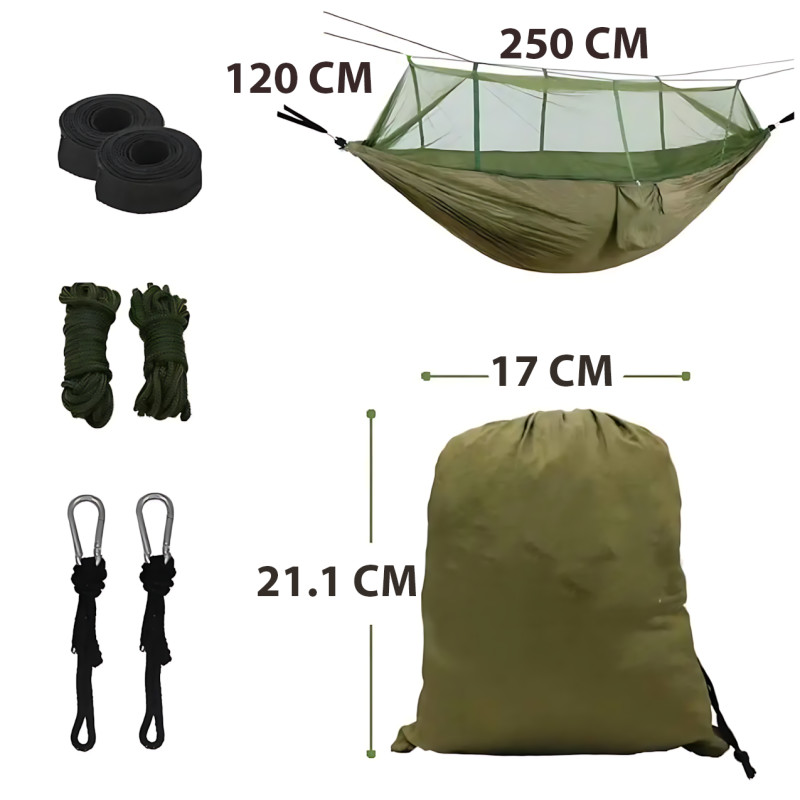 Туристичний гамак із москітною сіткою Hammock With Net ARMY — 250 × 120 см, до 200 кг, з чохлом + кишенею, хаккі фото - 6