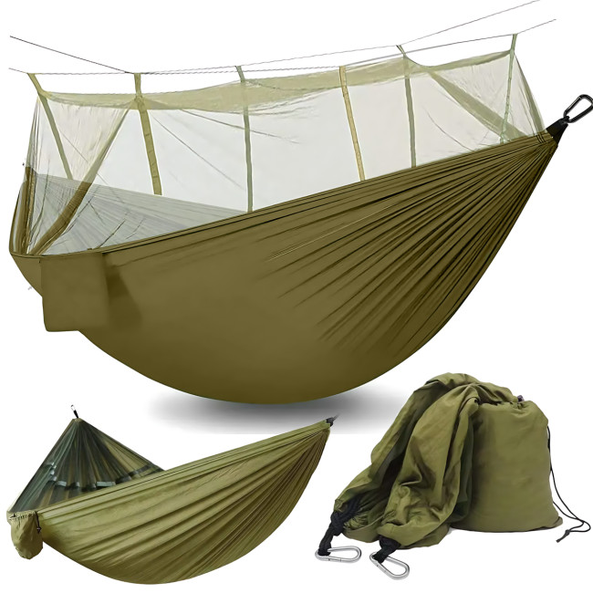 Туристичний гамак із москітною сіткою Hammock With Net ARMY — 250 × 120 см, до 200 кг, з чохлом + кишенею, хаккі