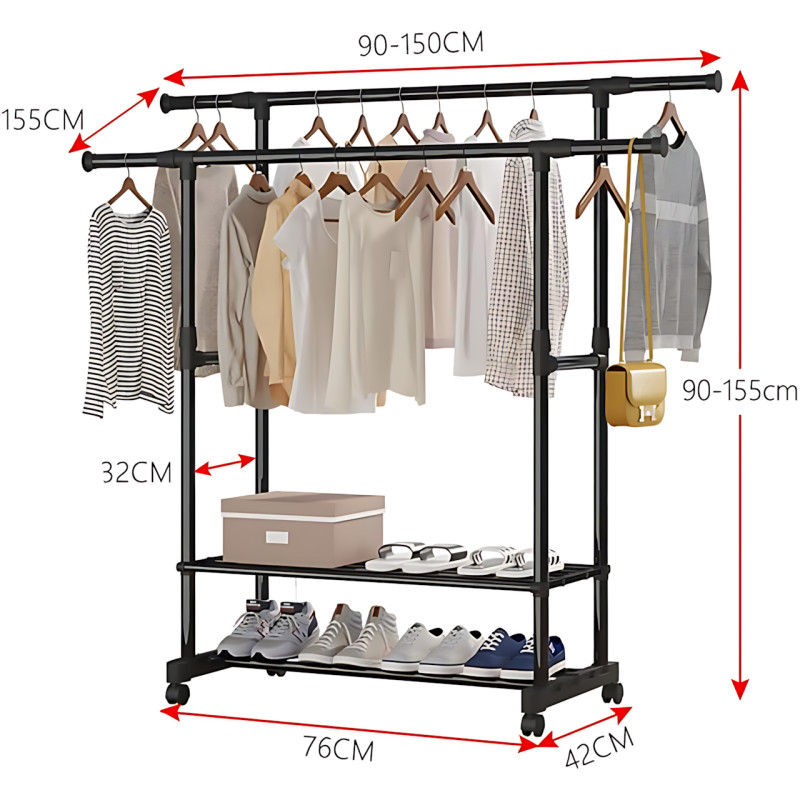 Вешалка-стойка для одежды, телескопическая Double Garment Rack на колесах с регулировкой высоты, 150х155 см фото - 9