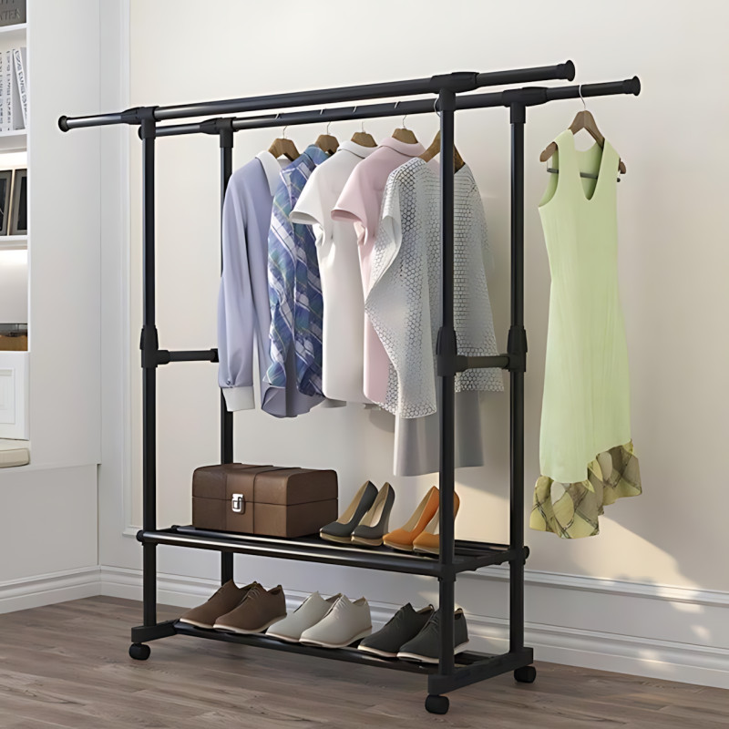 Вешалка-стойка для одежды, телескопическая Double Garment Rack на колесах с регулировкой высоты, 150х155 см фото - 10