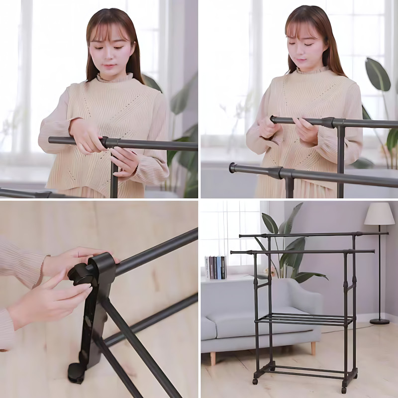 Вешалка-стойка для одежды, телескопическая Double Garment Rack на колесах с регулировкой высоты, 150х155 см фото - 8