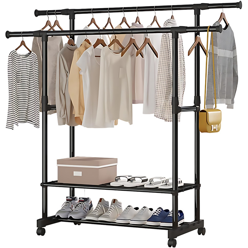 Вешалка-стойка для одежды, телескопическая Double Garment Rack на колесах с регулировкой высоты, 150х155 см фото - 3