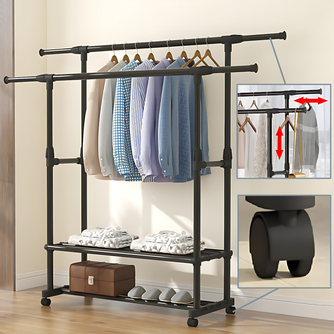 Вешалка-стойка для одежды, телескопическая Double Garment Rack на колесах с регулировкой высоты, 150х155 см