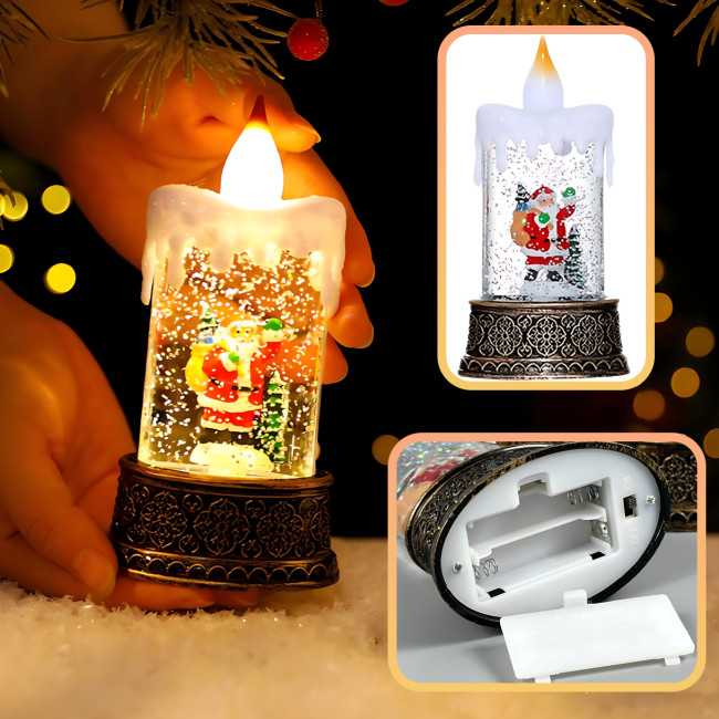 Праздничный музыкальный ночник-свеча AT-D10S, светильник фонарь с эффектом метели и подсветкой, работа от батареек, 15.5 х 8 см