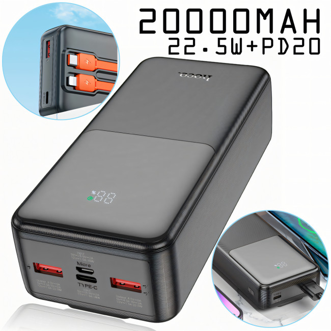 Power bank HOCO J119A, павербанк 22.5W+PD20, емкость 20000mAh, быстрая зарядка, дисплей и встроенный кабель