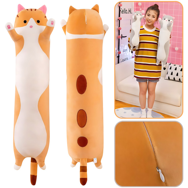 Игрушка подушка Кот Батон, плюшевая антистресс обнимашка DOLL 1498 на молнии, серый/рыжий 90