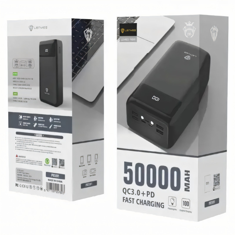 Power Bank LENYES PX591 50000mAh с Быстрой Зарядкой 20W+PD и LED Дисплеем, реальная емкость, 4USB/type-C фото - 6