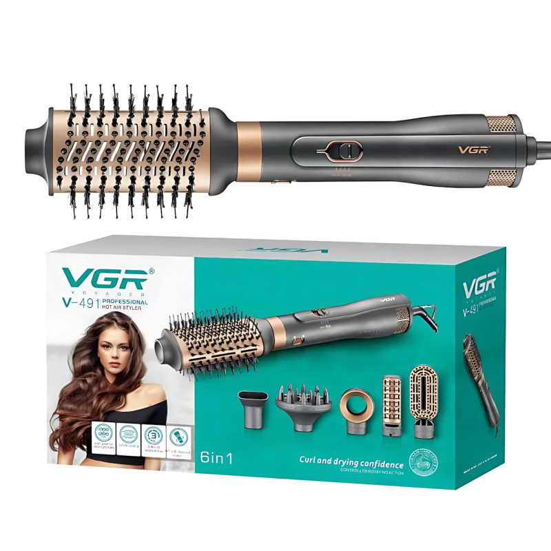 Фен-щітка для волосся 6в1 VGR V-491, 1200 Вт, DC мотор, 2 швидкості, 3 температури, холодне повітря, керамічні насадки, 6 насадок фото - 9
