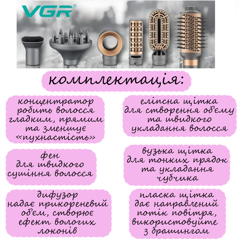 Фен-щітка для волосся 6в1 VGR V-491, 1200 Вт, DC мотор, 2 швидкості, 3 температури, холодне повітря, керамічні насадки, 6 насадок фото - 7