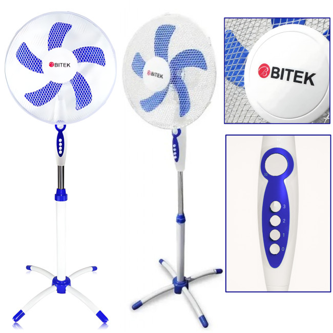 Вентилятор підлоговий BITEK BT-1630, ⌀40 см, 100 Вт, 3 швидкості, поворот, нахил, регулювання висоти, таймер Біло-блакитний