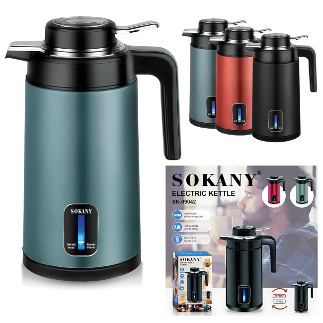Електричний чайник-термочайник Sokany SK-09042 2 л, 1500 Вт, подвійні стінки, з неіржавкої сталі SUS316 Зелений