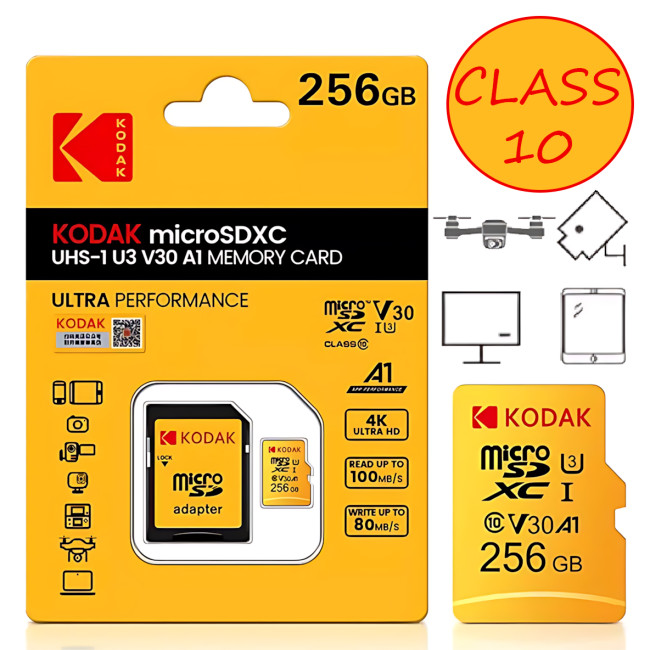 Високошвидкісна карта пам'яті microSD Kodak 256 GB class 10 з адаптером