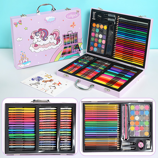 Набор для творчества 128 предметов в чемодане, детский набор для рисования, художественный, с красками, фломастерами, карандашами Розовый
