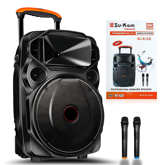 Акустична система Su-Kam SU 612, 200 Вт, 12"+3", Bluetooth, USB/SD, FM, 2 радіомікрофони, акумулятор, запис MP3, ECHO/DELAY