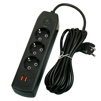 Мережевий подовжувач AND-16-20, євро на 3 розетки + 2 USB, Type-C, заземлена розетка, мережевий фільтр, білий Чорний