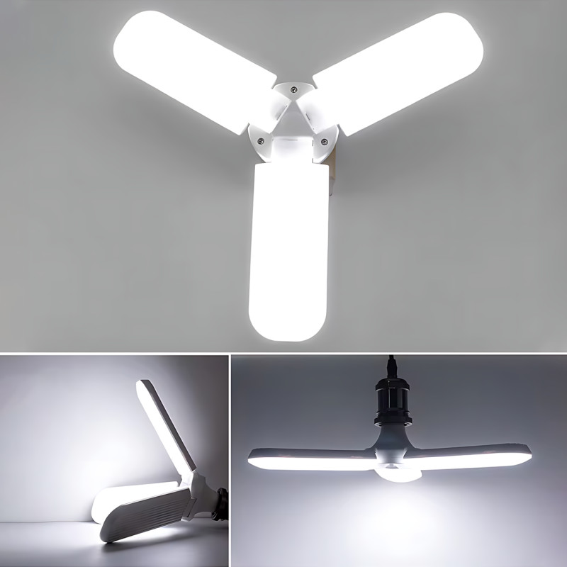 Светодиодная складная лампочка, E27 Fan blade bulb, 3 лопасти, 60 ВТ, белое теплое свечение, работа от 220В фото - 6
