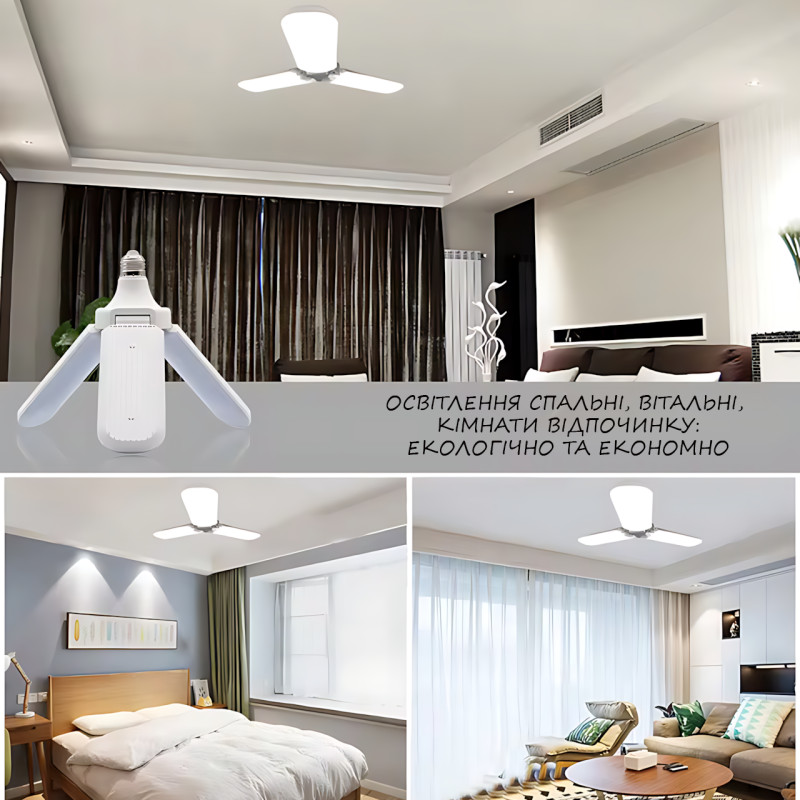 Светодиодная складная лампочка, E27 Fan blade bulb, 3 лопасти, 60 ВТ, белое теплое свечение, работа от 220В фото - 7