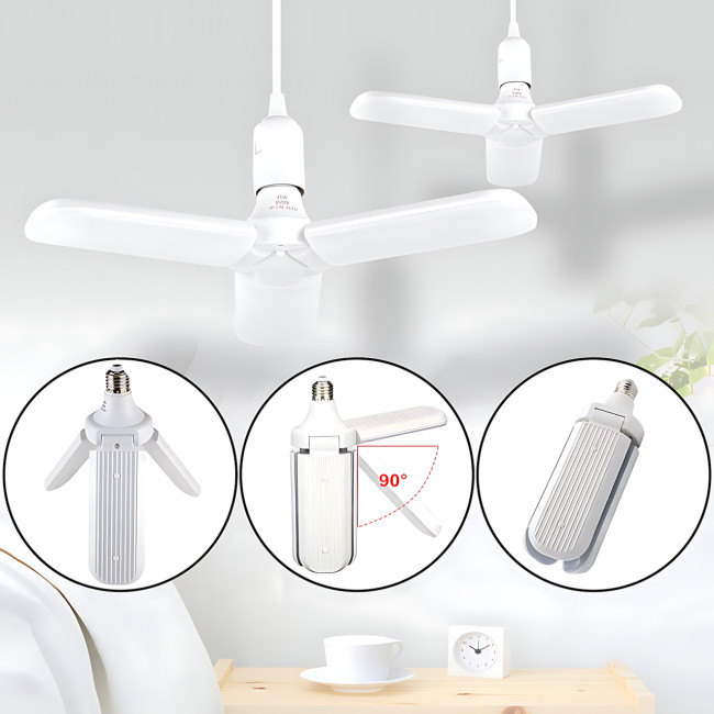 Светодиодная складная лампочка, E27 Fan blade bulb, 3 лопасти, 60 ВТ, белое теплое свечение, работа от 220В