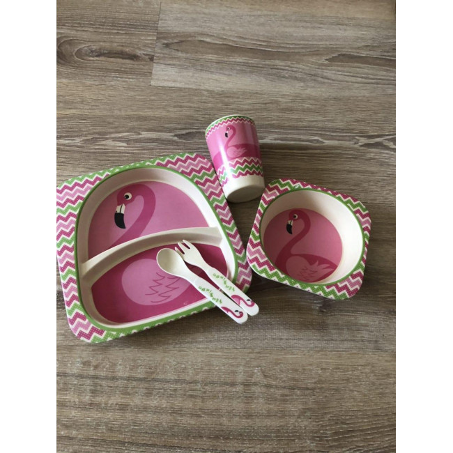 Набор детской бамбуковой посуды Elit LUX Baby 5 приборов, коллекция животных фламинго