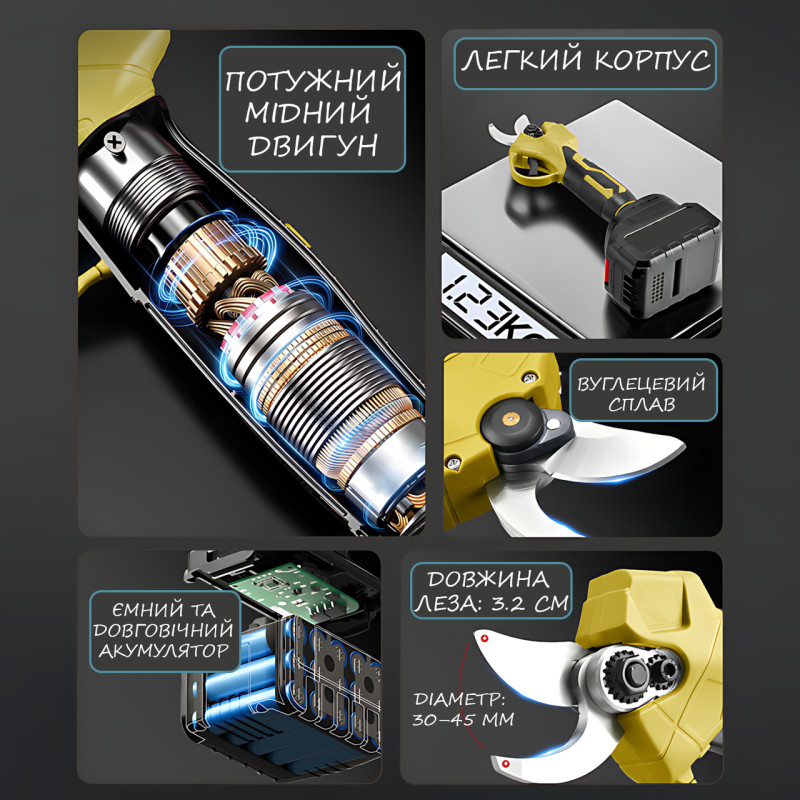 Аккумуляторный секатор для сада в кейсе, 2 АКБ Li-Ion, бесщеточный двигатель, диаметр реза до 40&ndash;45 мм, электрический садовый фото - 6