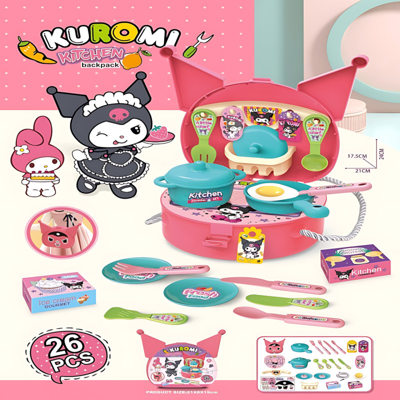 Детский набор игрушечной кухонной посуды Kuromi, 26 предметов, игровой набор Кухня в чемодане, розовый фото - 3