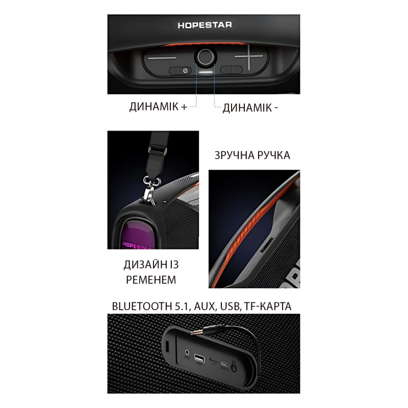 Бездротова Bluetooth-колонка Hopestar A60 100 Вт із мікрофоном, TWS, RGB-підсвіткою, захистом IPX6, з караоке фото - 3
