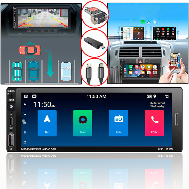 Автомагнитола 6280A, экран 6.9, ANDROID, 1DIN, 2+62 Гб, GPS, Bluetooth, поддержка камеры заднего вида фото - 6