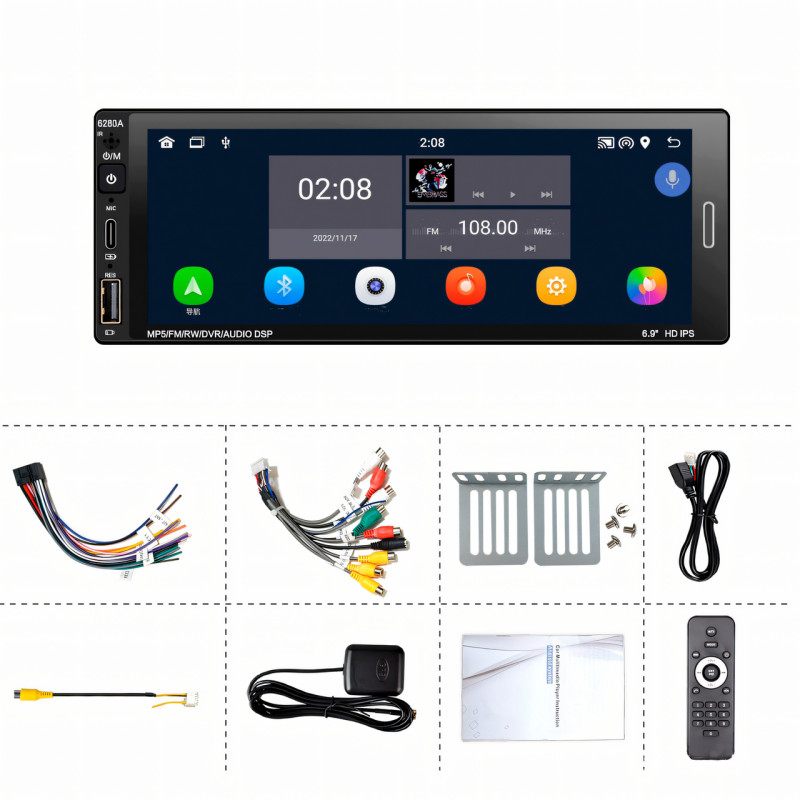 Автомагнитола 6280A, экран 6.9, ANDROID, 1DIN, 2+62 Гб, GPS, Bluetooth, поддержка камеры заднего вида фото - 5