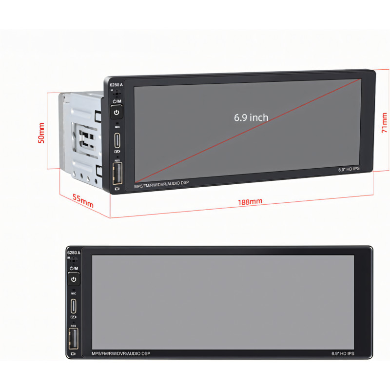 Автомагнитола 6280A, экран 6.9, ANDROID, 1DIN, 2+62 Гб, GPS, Bluetooth, поддержка камеры заднего вида фото - 4