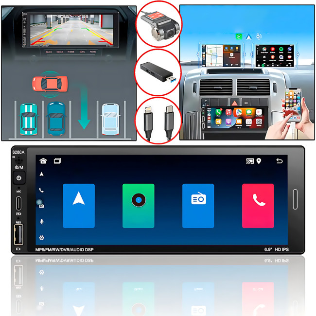 Автомагнитола 6280A, экран 6.9, ANDROID, 1DIN, 2+62 Гб, GPS, Bluetooth, поддержка камеры заднего вида