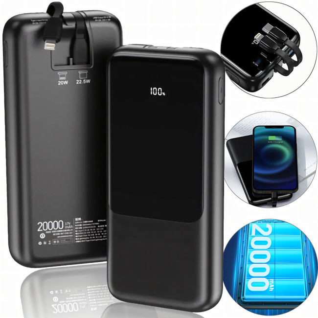 Power Bank Lenyes PX251D 20000 mAh з Швидкою зарядкою QC3+PD і LED Дисплеєм, реальна місткість, 22.5W, чорний