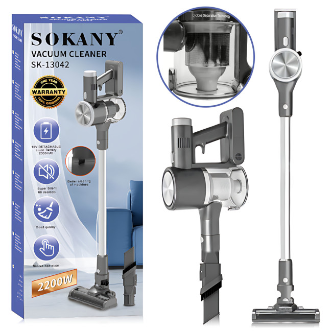 Вертикальний пилосос SOKANY SK-13042, 2200 Вт, ручний, акумуляторний, циклонний, контейнер 0,6 л, 3 насадки