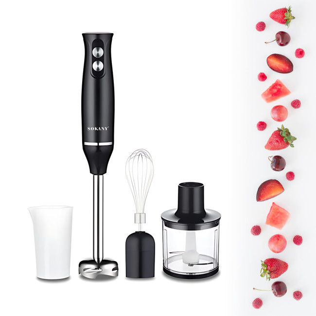 Погружной блендер Sokany SK-1710-4 4 в 1, 500 Вт, 2 скорости, насадки: венчик, измельчитель, стакан
