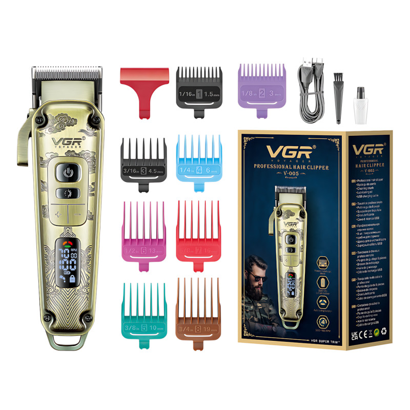 Машинка для стрижки волос и бороды VGR V-005, 5 Вт, 4 скорости, USB-C, 8 насадок 1.5–19 мм, LED-дисплей фото - 9