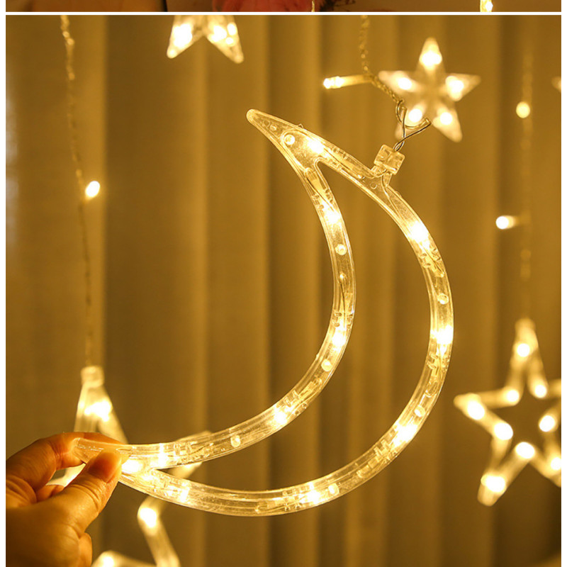 Новогодняя гирлянда Луна и Звезды 12 предметов NEW YEAR, с пультом, штора, теплый желтый свет фото - 3