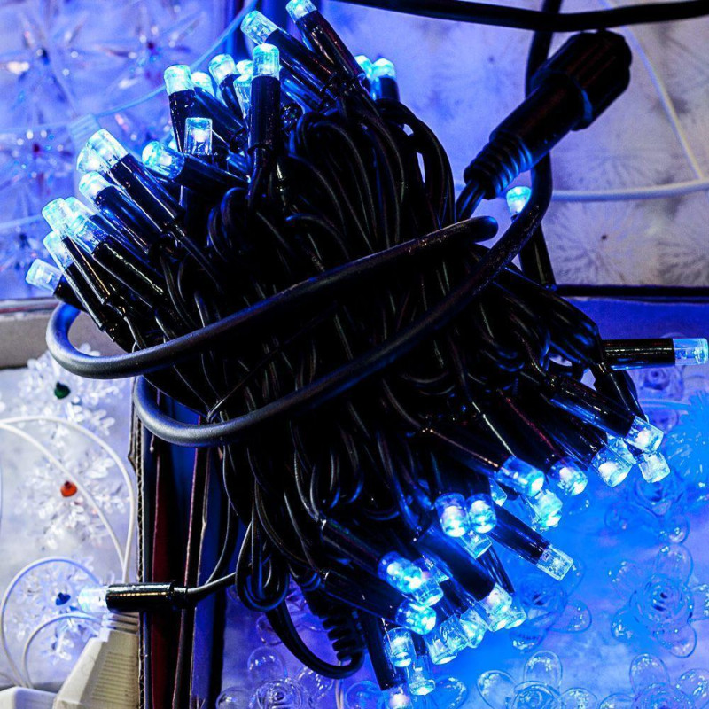 Вулична гірлянда нитка 100 LED 10 метрів WIMPEX Синя, чорний провід фото - 2