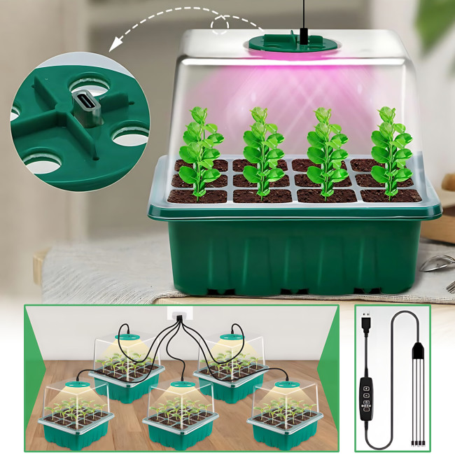 Набір для вирощування розсади MA731, 5 контейнерів із прозорими кришками, LED-підсвітка, вентиляція, мінітеплиця, USB-живлення