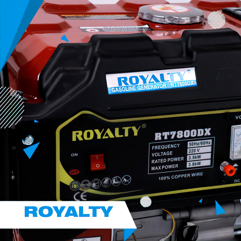 Генератор бензиновый с ручным стартером ROYALTY RT7800DX, однофазный, 3.5/3.8 кВт фото - 3