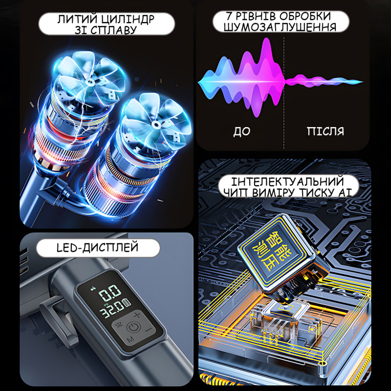 Портативний акумуляторний компресор SW-201 (7.4V, 20 л/хв, 150 PSI, 4000 мА·год) з цифровим дисплеєм і LED-підсвіткою фото - 27