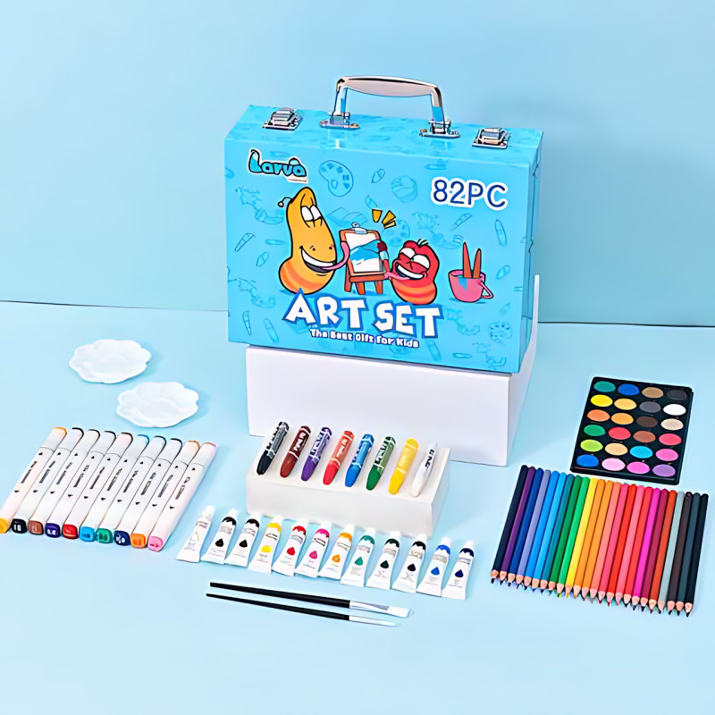 Набор для рисования Art Set, карандаши, маркеры, краски в пластиковом голубом чемоданчике, 82 предмета фото - 4