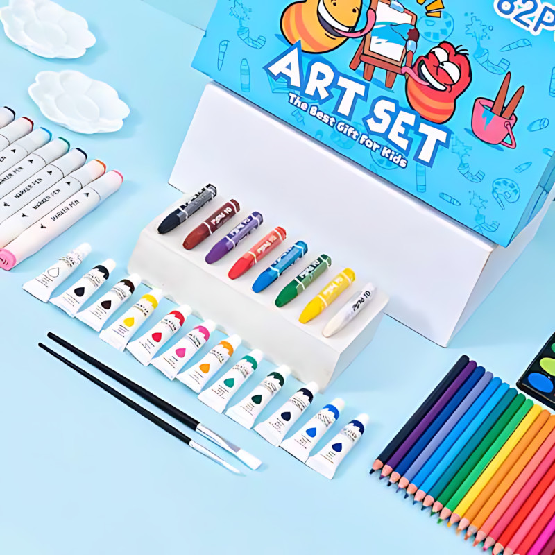 Набор для рисования Art Set, карандаши, маркеры, краски в пластиковом голубом чемоданчике, 82 предмета фото - 6